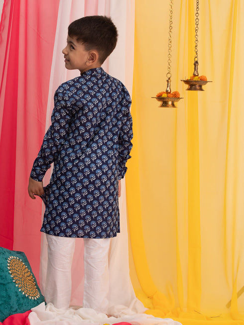 Boy's Blue Floral Printed Front Open Kurta With Pyjama Set